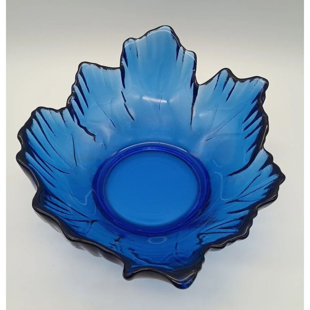 Cobalt Blue Recycled Art Glass Bowl Centerpiece Arrows Leaf